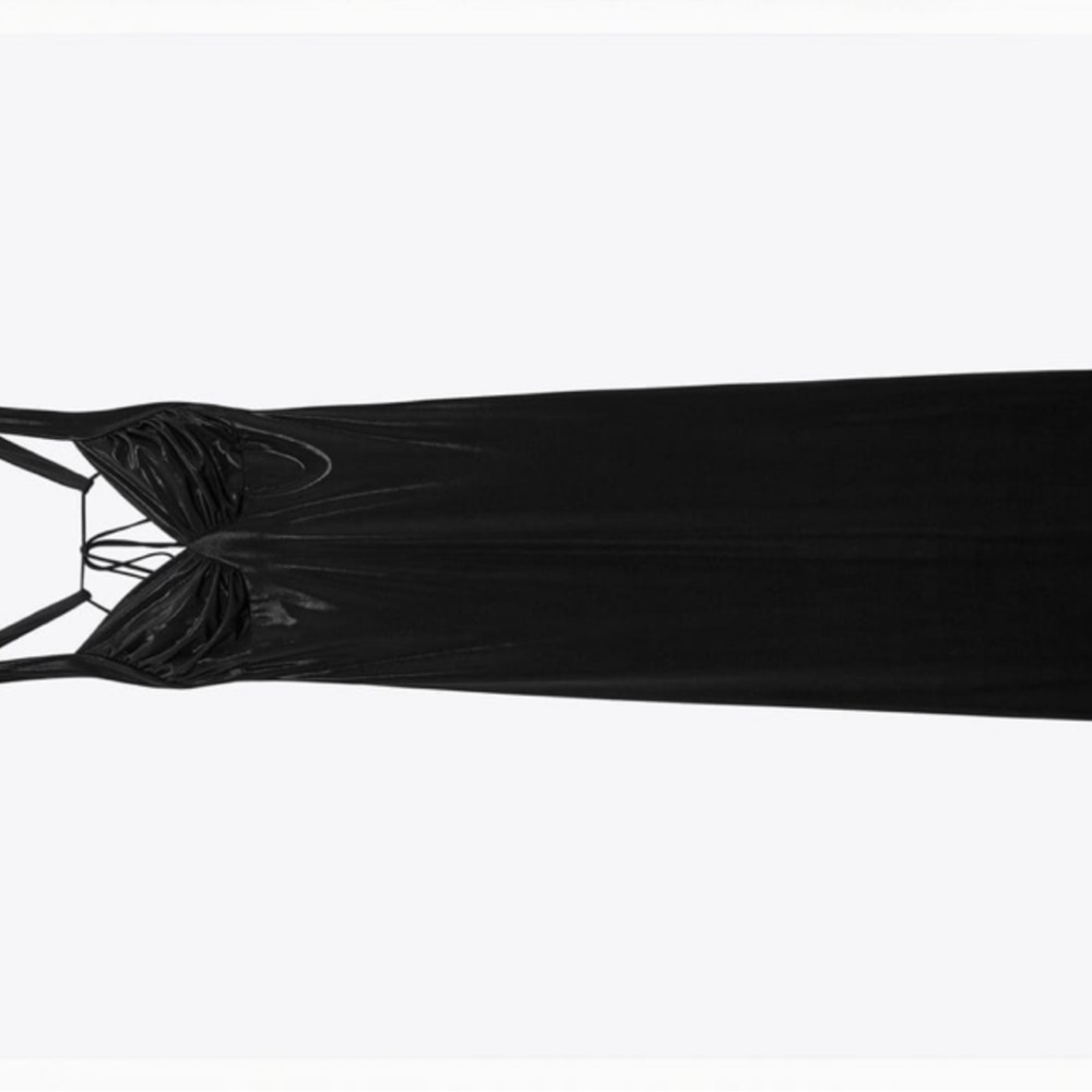 black long ruched dress, low cut back